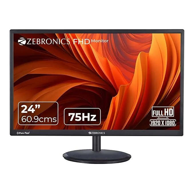 ZEBRONICS PA124 24" LED Monitor, 75Hz Refresh Rate, HDMI, VGA, FHD 1920x1080, 250nits Brightness, Built-in Speakers, Slim Design