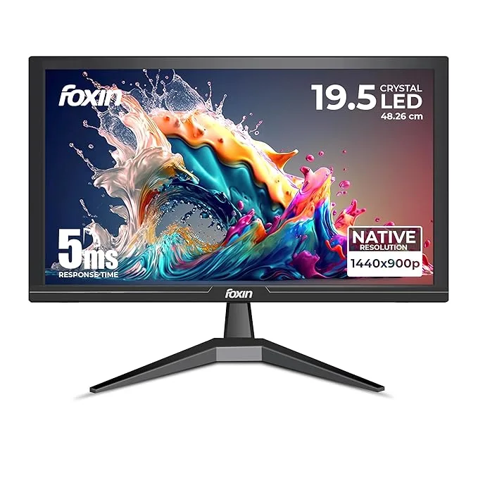 Foxin 19.5 Inch (48.26 cm) Crystal Flat LED Monitor, HD 1440 x 900p, 5ms Response Time, 220 cd/m2, HDMI & VGA Ports, Slim & Wall Mountable, Eco-Friendly | for PC, Desktop, CCTV & More | Black