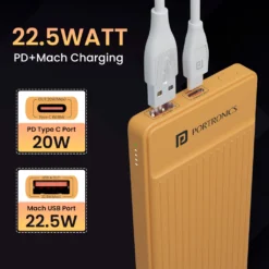 Portronics 10000 mAh 22.5 W Ultra Slim Pocket Size Power Bank (Yellow, Lithium Polymer, Fast Charging for Mobile, Tablet, Earbuds, Smartwatch)